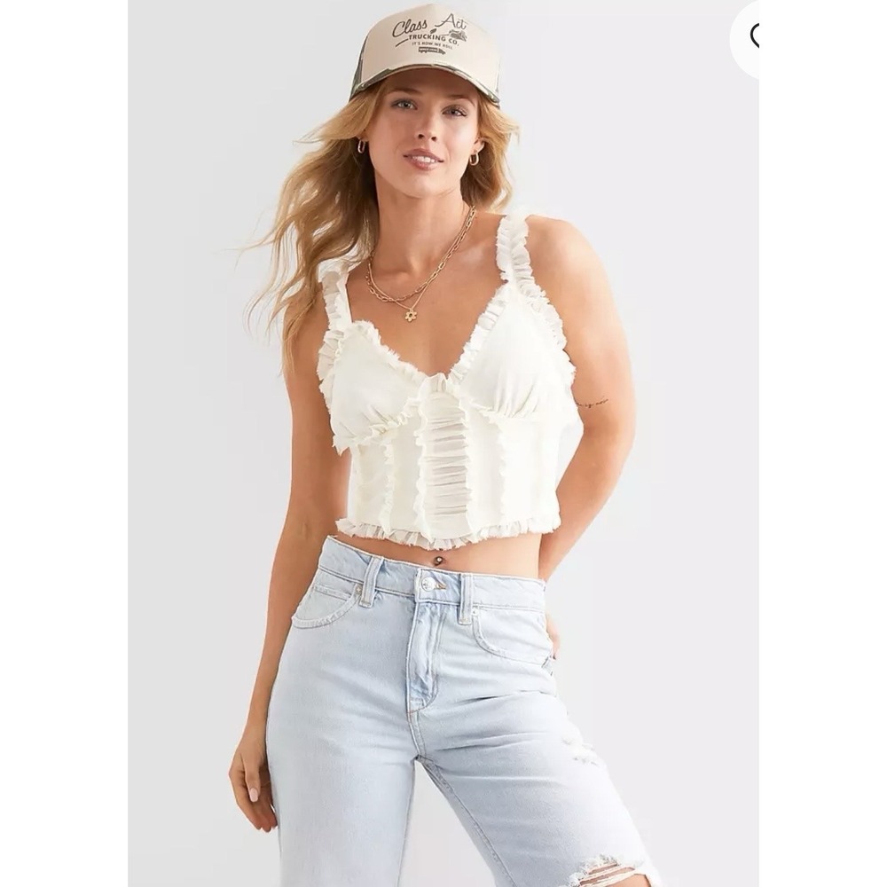 Willow & Root Ruffle Corset Crop Tank Top XS Cream Buckle‎ Boho